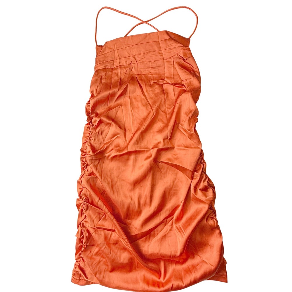 Style Me Orange Satin Ruched Bodycon Mini Dress M Strappy Cutout Y2K Party